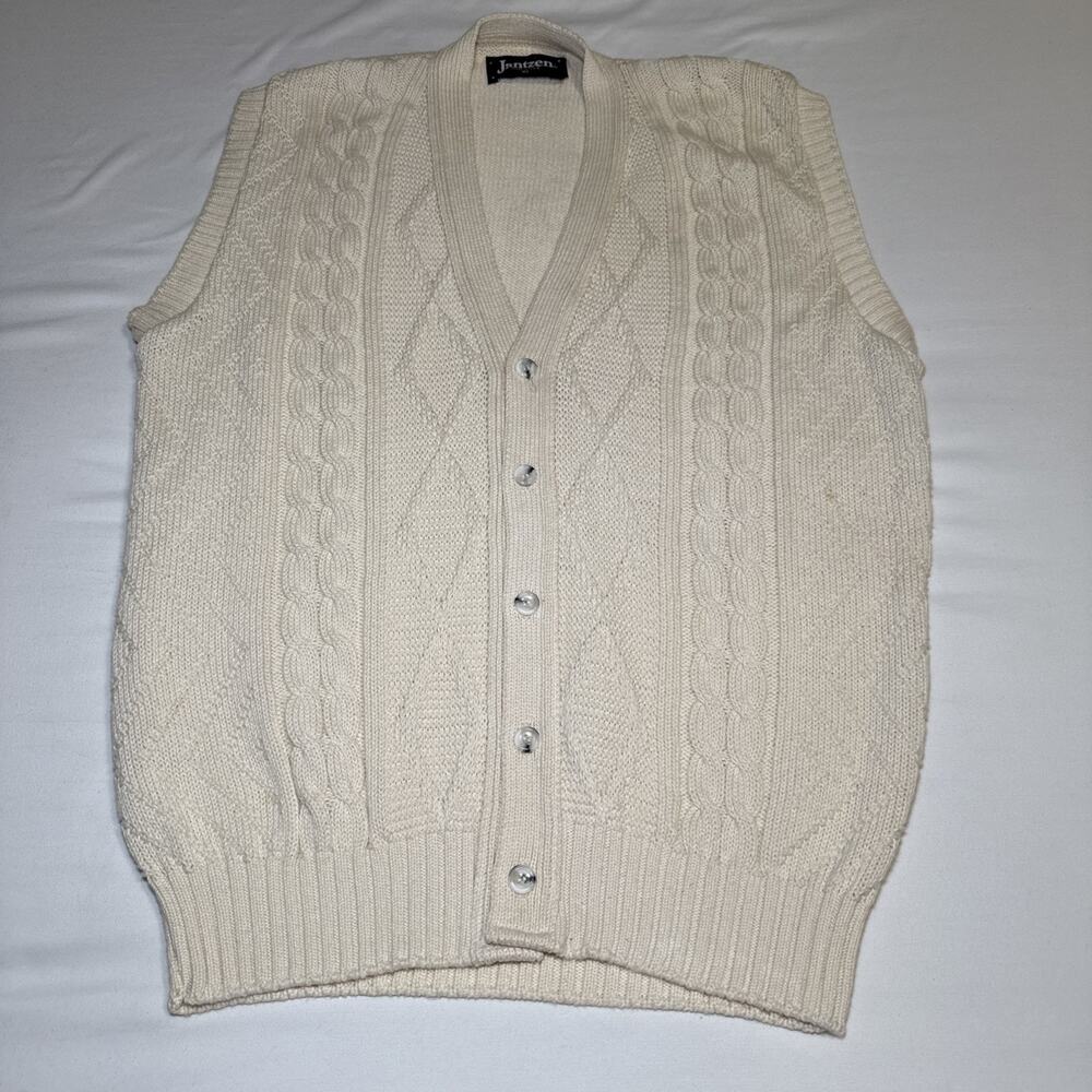 Vintage Jantzen Mens XL Vest 80s Natural Cable Knit Button Cardigan Sweater NWT - Picture 1 of 12